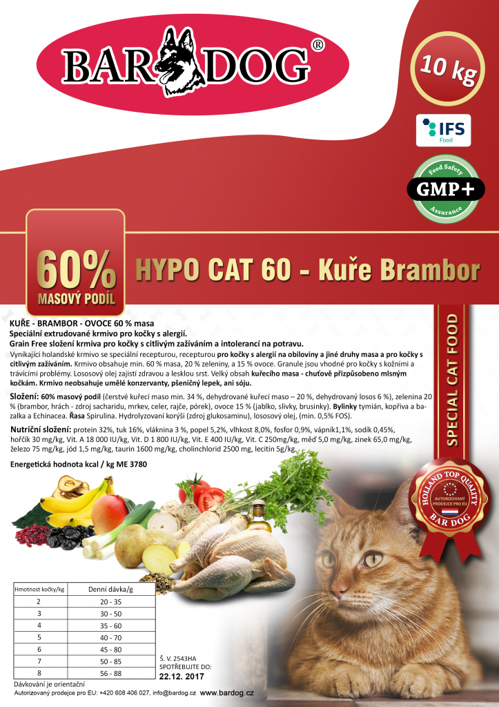 Bardog Hypoalergenní granule pro kočky Hypo Cat 60 kura Brambor 32/18 1 kg