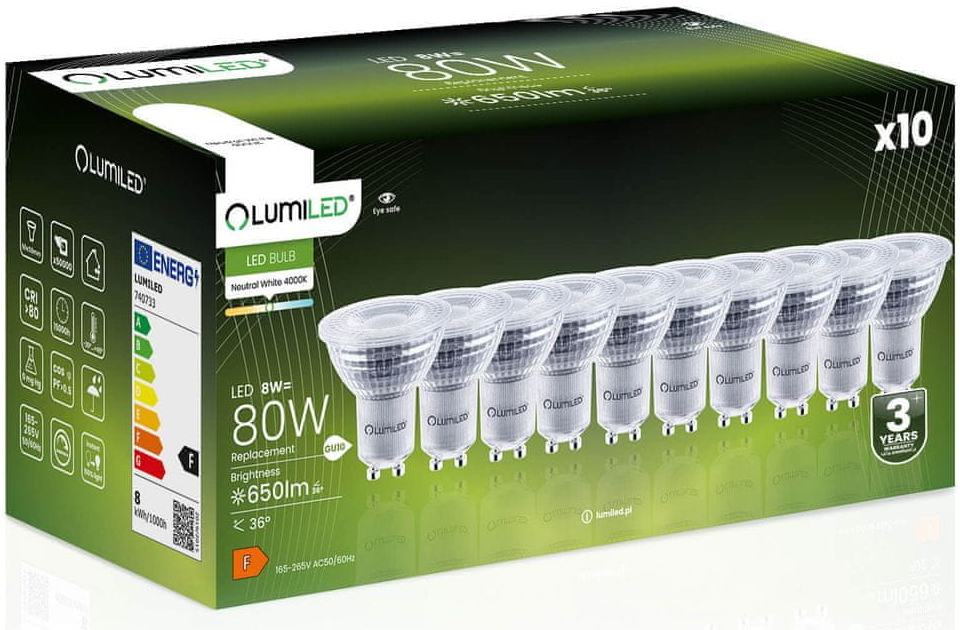 LUMILED 10x Stmievateľná LED žiarovka GU10 8W = 80W 650lm 4000K Neutrálna biela 36°