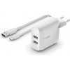 Belkin Duální USB-A nástěnná nabíječka 2x12W, USB-C kabel, bílá WCE001vf1MWH