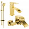 Sada batérií MEXEN LIBRA DQ45 - nízka umývadlová batéria + vaňová batéria so sprchou zlatá