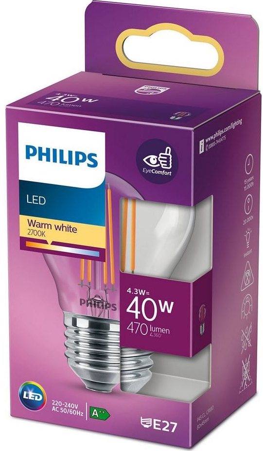 Philips LED žiarovka 1x4,3W E27 470lm 2700K teplá biela, číra, EyeComfort