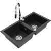 Mexen Mario, 2-komorový granitový drez 820x436x161 mm a drezová batéria Savita, čierna-zlatá metalíza, 6504-75-672601-00