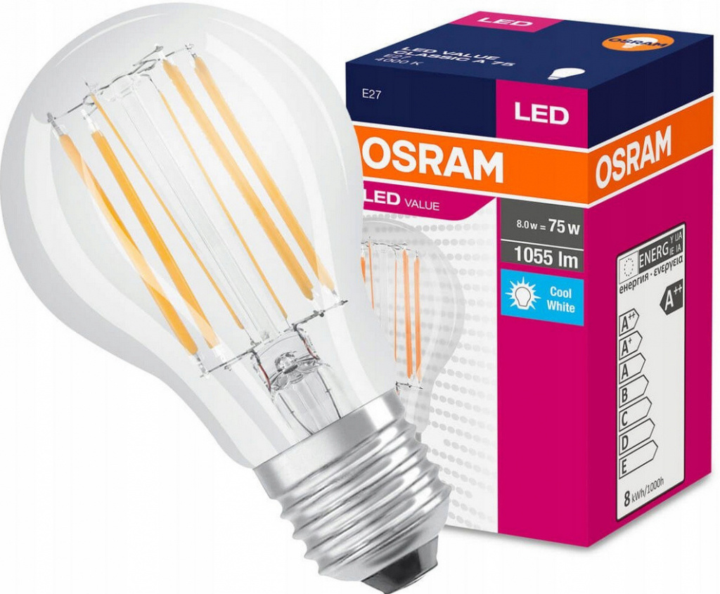 Osram LED Value CLASSIC A FIL 75 non-dim, 8W/840 E27 4000 K, studená biela