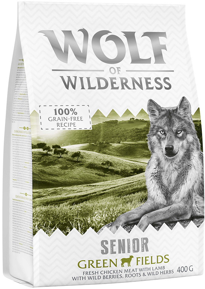 Wolf of Wilderness Skúšobné balenie SENIOR Green Lands jahňacie 0,4 kg