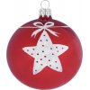 Vianočná ozdoba sklenená guľa Ø 8 cm s bielou hviezdou s mašľou červená