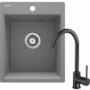 Deante Corio, granitový 1-komorový drez 500x400x211mm + čierna drezová batéria, šedá metalíza, DEA-ZRCBS103