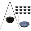 Green Home kotlík na guláš smalt 1,2 mm 30 l SMALT, Panvica na grilovanie SMALT 42 cm, pokrievka SMALT, Green Home Teleskopická trojnožka veľká 170 cm, plastové servírovacie boxy 12 ks, vareška 50 cm