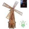 MKSTOR Drevený Solárny veterný mlyn 223cm s LED svetlom, záhradný, otočný, dekoračný, natural Nelakovaný W10S