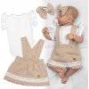 Baby Nellys 3D súprava LADY bavlna body kr. rukáv suknička s láclom čelenka béžová/biela