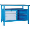 Dielenský pracovný stôl GD, smrek + buková preglejka, 3 zásuvky, 1 polica, 1190 x 600 x 850 mm, modrá