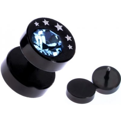 Šperky eshop - Okrúhly oceľový fake plug do ucha čiernej farby, hviezdy a modrý zirkón W22.35