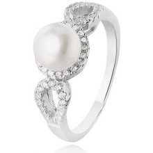 Beneto strieborný prsteň s kryštálmi a pravou perlou AGG205