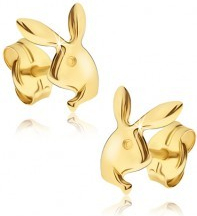 Šperky eshop náušnice v žltom zlate lesklá hlava zajačika Playboy GG17.01
