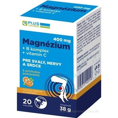 PLUS LEKÁREŇ Magnézium 400 mg+B komplex+vitamín C vrecúška s príchuťou pomaranč 1x20 ks
