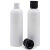Plastová fľaša biela, čierny vrúbkovaný vrchnák s poistkou, 100 ml