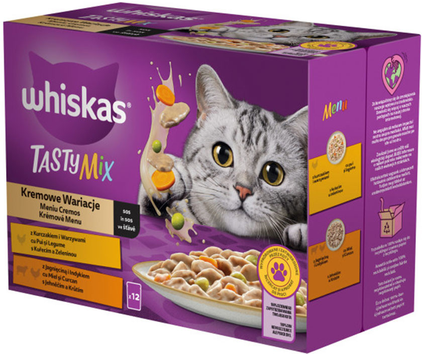 WHISKAS TastyMix Creamy Creations kura a zelenina jahňa a morka v šťave 12 x 85 g