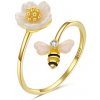 For Silver Pozlátený prsteň s včielkou a bielym kvetom – Striebro 925