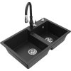 Mexen Tomas, granitový drez 800x500x190 mm, 2-komorový a drezová batéria Savita, čierna-strieborná metalíza, 6516-73-672601-70