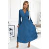 Numoco basic VIVIANA Plisované midi šaty s výstrihom, dlhým rukávom a širokým opaskom - JEANS 504-5 Farba: Modrá, Veľkosť: UNI