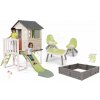 Set domček na pilieroch s pieskoviskom a posedením House On Stilts Life Smoby rozšíriteľný s 1,5 m šmykľavkou s vodotryskom