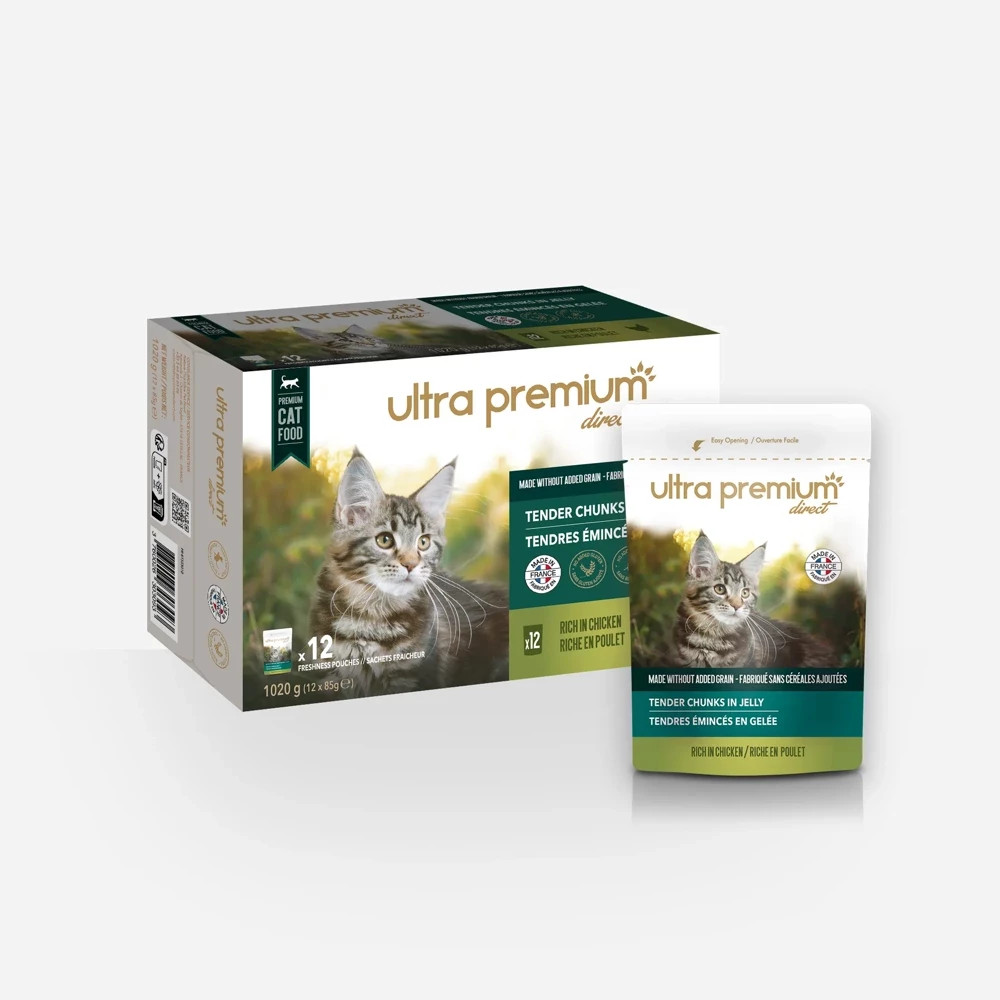Ultra Premium direct jemné plátky v želé bohaté na kuracie mäso pre mačiatka a mačky 12 x 85 g