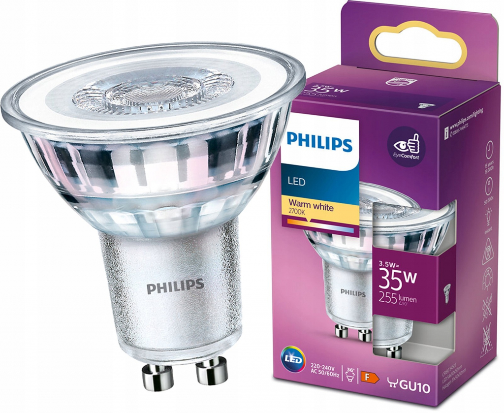 Philips 8718699774158 LED žiarovka 1x3,5W GU10 255lm 2700K teplá biela, bodová, Eyecomfort