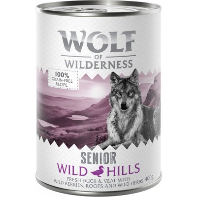 Výhodné balenie Wolf of Wilderness Senior 12 x 400 g - Wild Hills - kačacie a teľacie