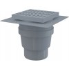 AlcaPlast APV11 - Podlahová vpusť 150×150/110 mm priama, mriežka šedá, límec 2. úrovne izolácie, vodná zápachová uzávera