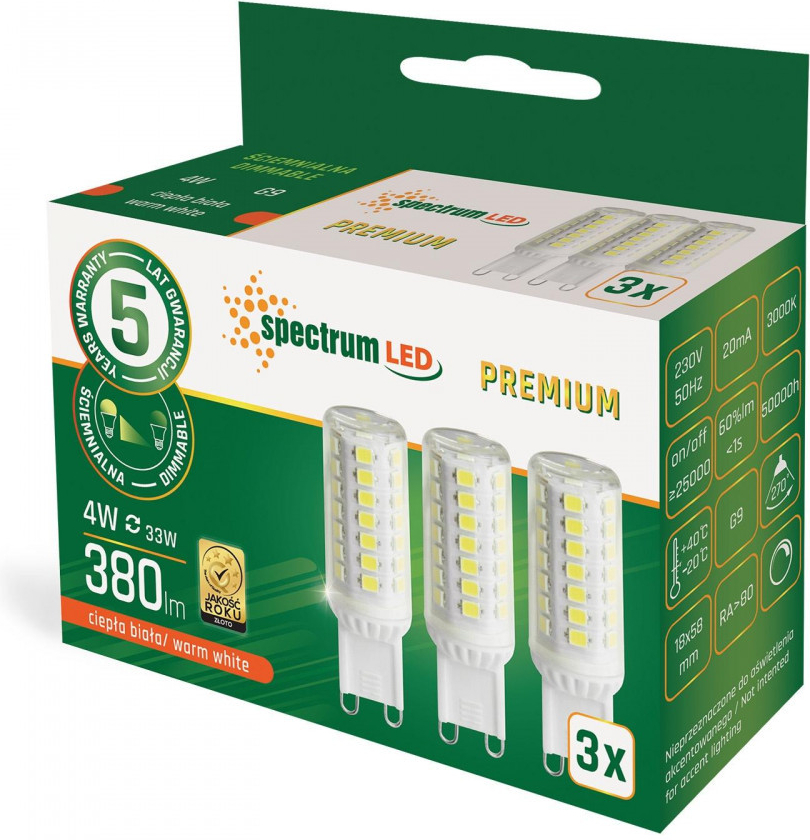 Spectrum LED LED žiarovka 4W, G9, stmievateľná, 3 ks [WOJ+14486] Studená biela