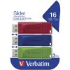Verbatim USB flash disk, USB 2.0, 16GB, Slider, zelený, modrý, červený, 49326, USB A, s výsuvným konektorom, 3 ks