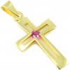 MYRO Zlatý prívesok - Krížik s tmavoružovým zirkónom
