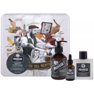 Proraso Cypress & Vetyver Beard Wash darčekový set šampón na fúzy 200 ml + balzam na fúzy 100 ml + olej na fúzy 30 ml + plechová dóza