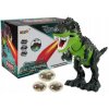 DINOSAURUS NA BATÉRIE KLADIE VAJÍČKA, ZÍVA OHŇOM, VODNÁ PARA JE ZELENÁ
