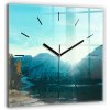 Minimalistický foto sklenený nástenný hodinový strojček Hora a rieka v Poľsku 60x60 cm