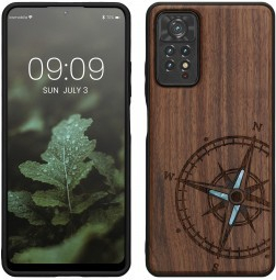 Púzdro kwmobile Drevené s dizajnom kompas Xiaomi Redmi Note 11 Pro / Note 11 Pro 5G tmavě hnědé