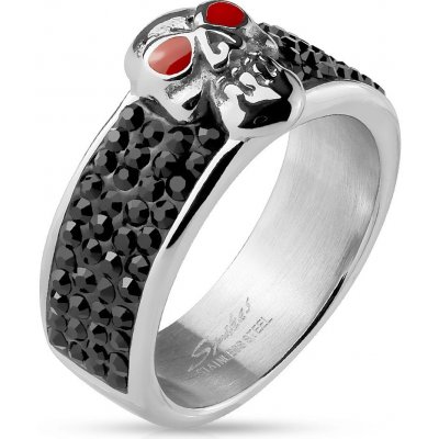 Šperky eshop - Oceľový prsteň striebornej farby, lebka s červenými očami, čierne zirkóny M15.29 - Veľkosť: 67 mm