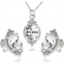 Šperky eshop Strieborný set náhrdelník a náušnice číry zirkónový ovál a lístky S82.12