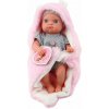 LeanToys Panenka miminko v šedém pyžamu s růžovou dekou s králíčkem 23 cm