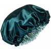 Saténová čiapka na spanie SMARAGDOVÁ so šedomodrou S