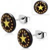 Šperky eshop - Oceľové náušnice, čierny kruh so žlto-červenými hviezdami, puzetky X04.15