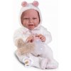 Realistické miminko s větší hmotností - holčička Carla v bílém huňatém oblečku od firmy Antonio Juan (Recién Nacida con peso Carla peluche)