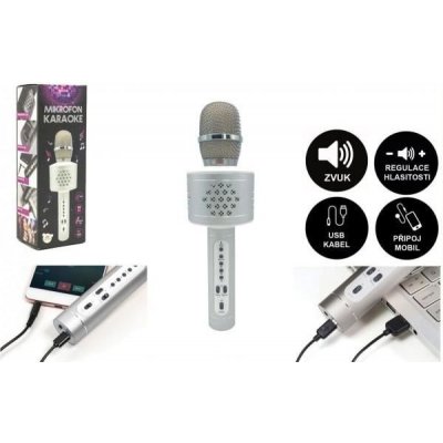 Teddies Mikrofón karaoke Bluetooth strieborný na batérie s USB káblom v krabici 10x28x8,5cm 00850438