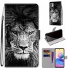 Peňaženkové kožené puzdro DRAWING na Xiaomi Redmi Note 10 5G - Black White Lion Head