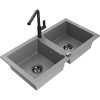 Mexen Mario, 2-komorový granitový drez 820x436x161 mm a drezová batéria Flora, šedá, 6504-71-670401-70-B