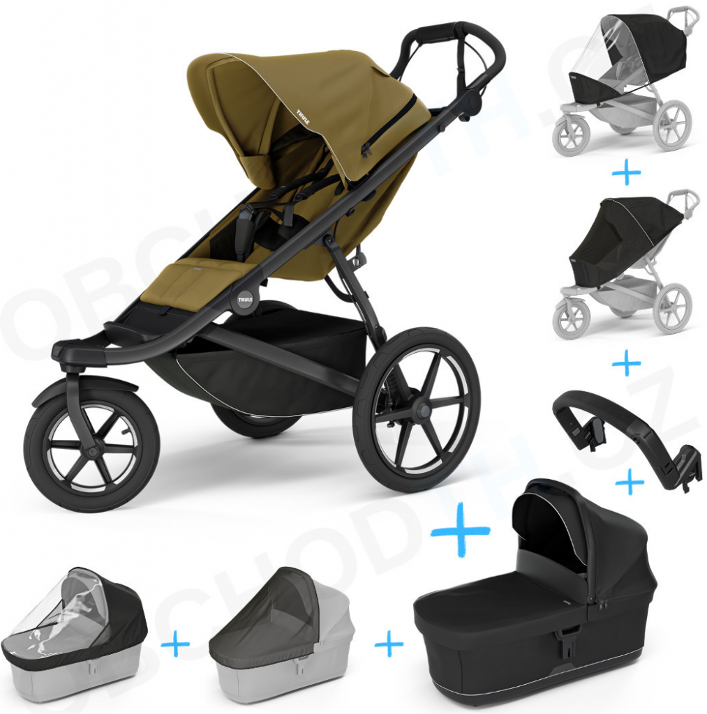 Thule Set 7v1 Urban Glide 3 Nutria green 2024 + pláštenka+ochranná sieť+madlo+korbička Black+pláštenka+ochranná sieť na korbičku