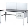 Alfa 3 Nastaviteľný dielenský stôl MECHANIC II s perfopanelom, 3 zásuvkový box na náradie, 1600x700x745-985 mm, sivá/sivá