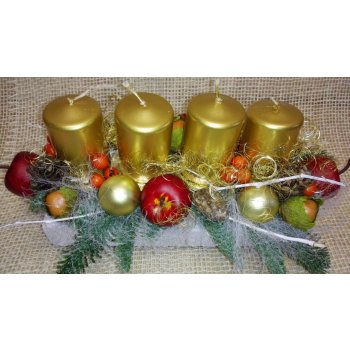 Podlhovasty adventny veniec so zlatými sviečkami a červenými jabĺčkami na  keramickej tácke od 15,9 € - Heureka.sk