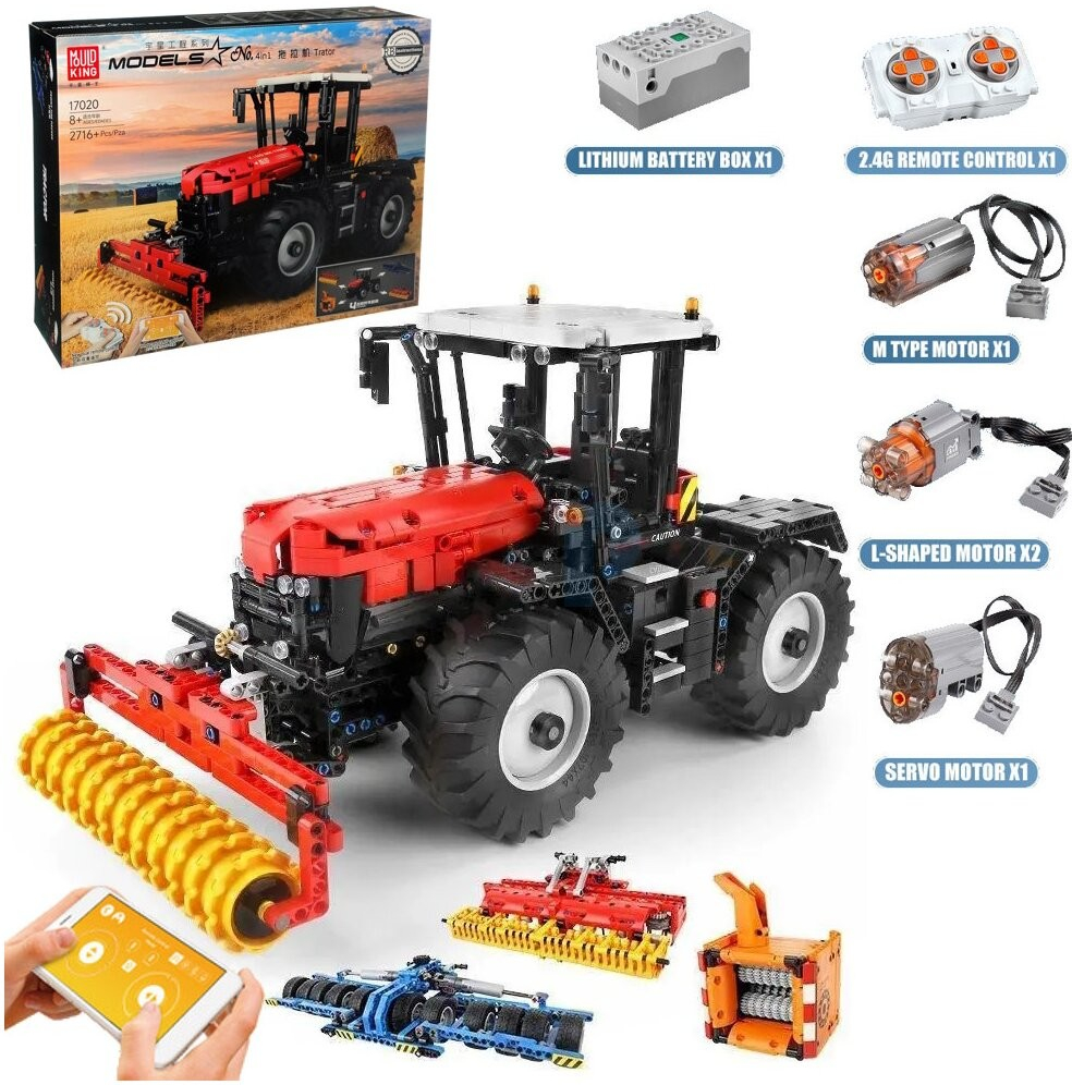 Mould King RC Traktor 4v1 + poľnohospodárske stroje Dual Mode Control 2716ks