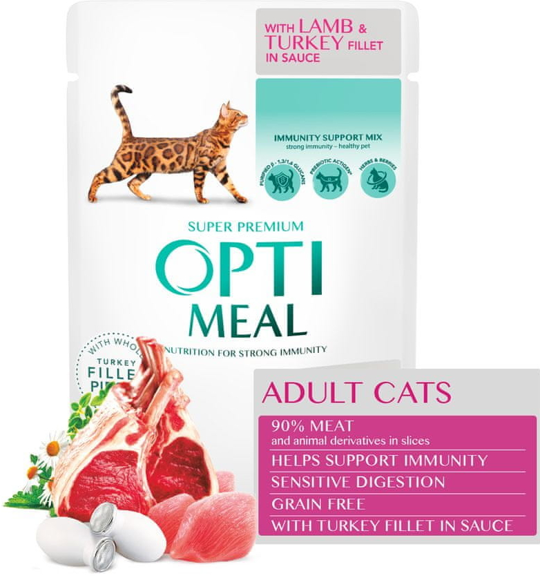 OptiMeal pre mačky s citlivým trávením s jahňacím a morčacím filé v omáčke bez obilnín 12 x 85 g
