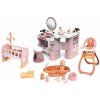 Set kozmetický stolík s jedálenskou stoličkou pre bábiku My Beauty Center 3v1 Smoby s vaničkou kolískou a elektronický fén